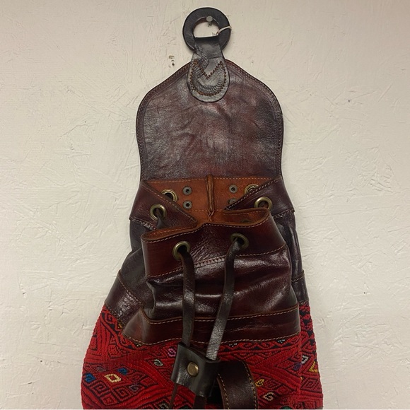 Art Leather Chiapas Backpack Mexican Woven Fabric Embroidered Bag Brown NWT - Picture 11 of 13